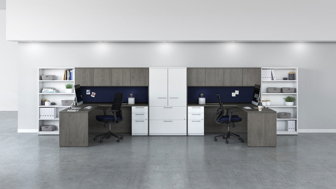 Two Person Modern L Shaped Desk with Hutch and Bookcases