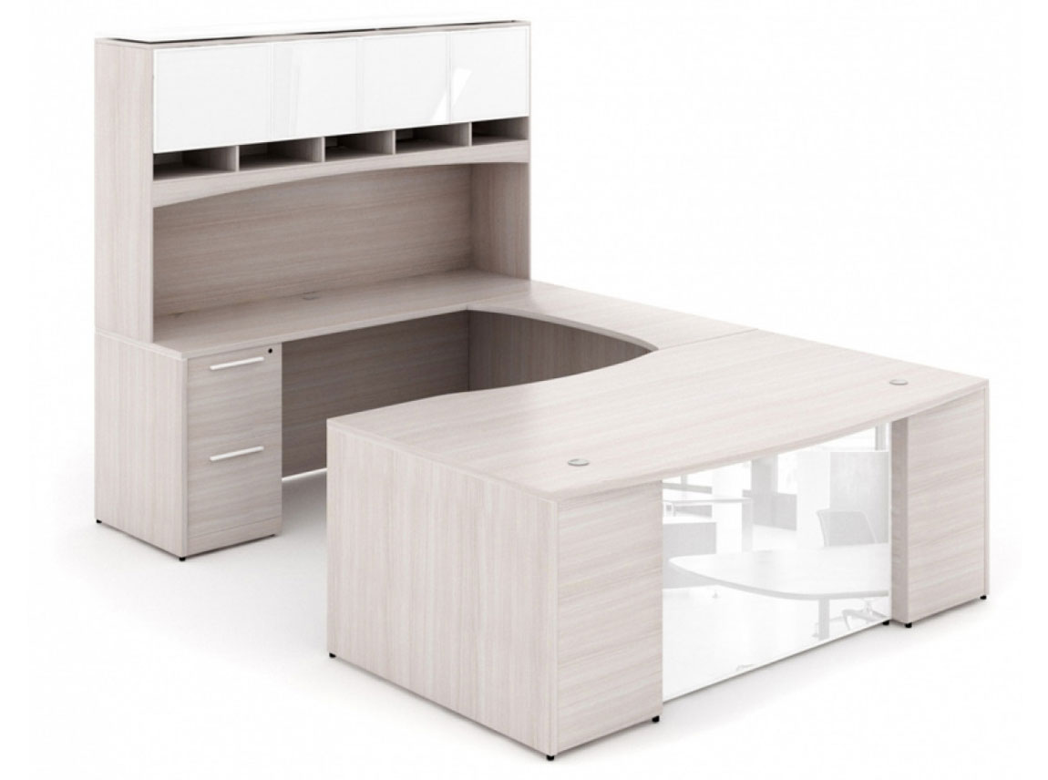 U Shaped Desk With Glass Modesty Panel And Hutch