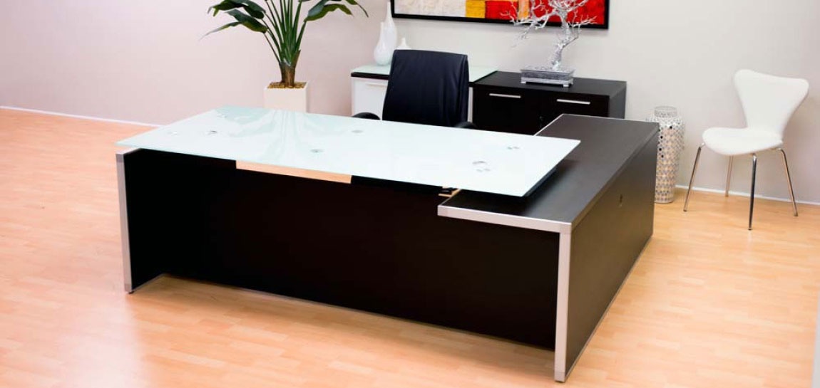 Executive Modern L Shaped Desk with Glass Desktop