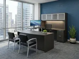 Bow Front U Shape Standing Desk with Hutch - HL