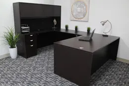 U Shaped Desk with Hutch and Drawers - Commerce Laminate