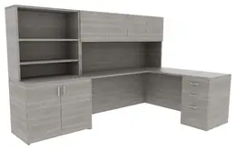 L Shaped Desk with Drawers and Shelves - Amber