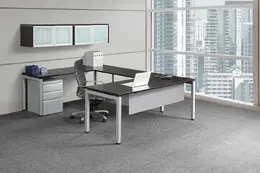 Modern Workstation with Metal Drawers and Glass Storage Cabinet