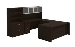 U Shaped Desk with Hutch and Storage - Amber