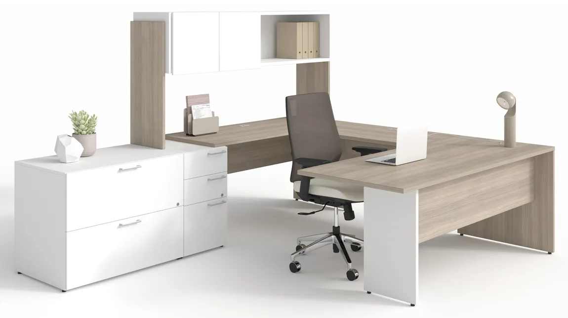 U Shaped Desk with Hutch and Drawers