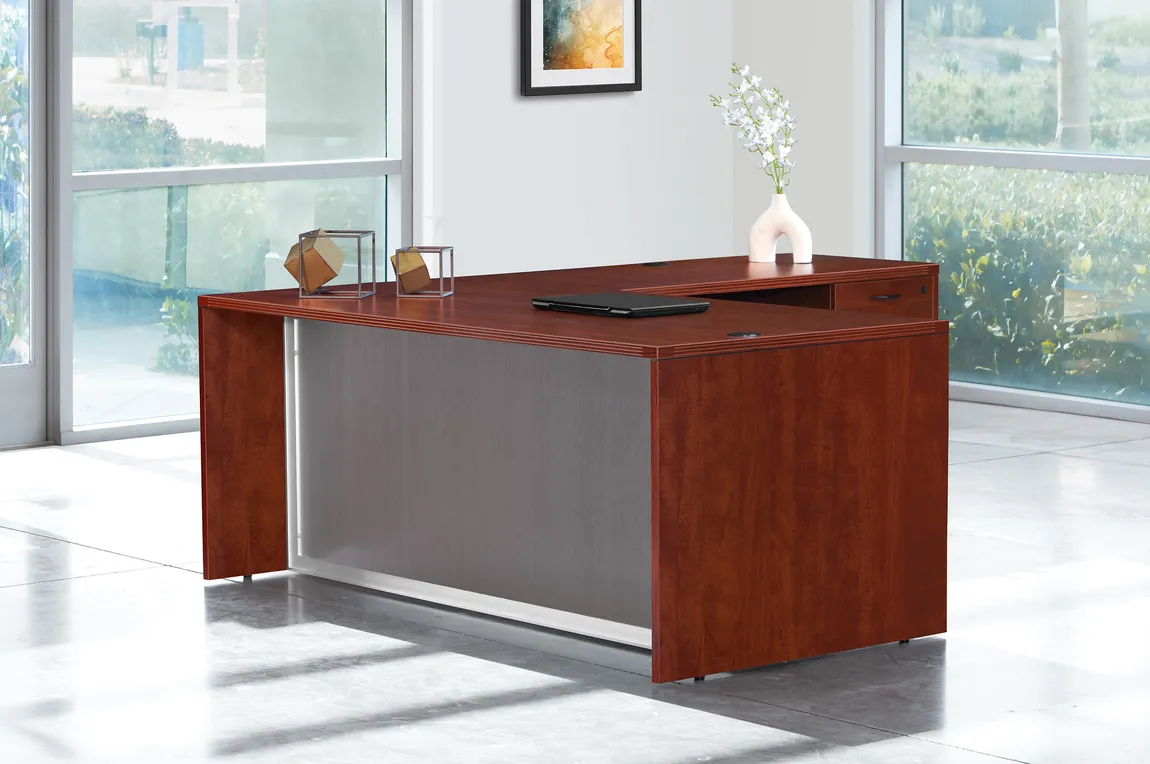 L Shaped Desk with Glass Modesty Panel