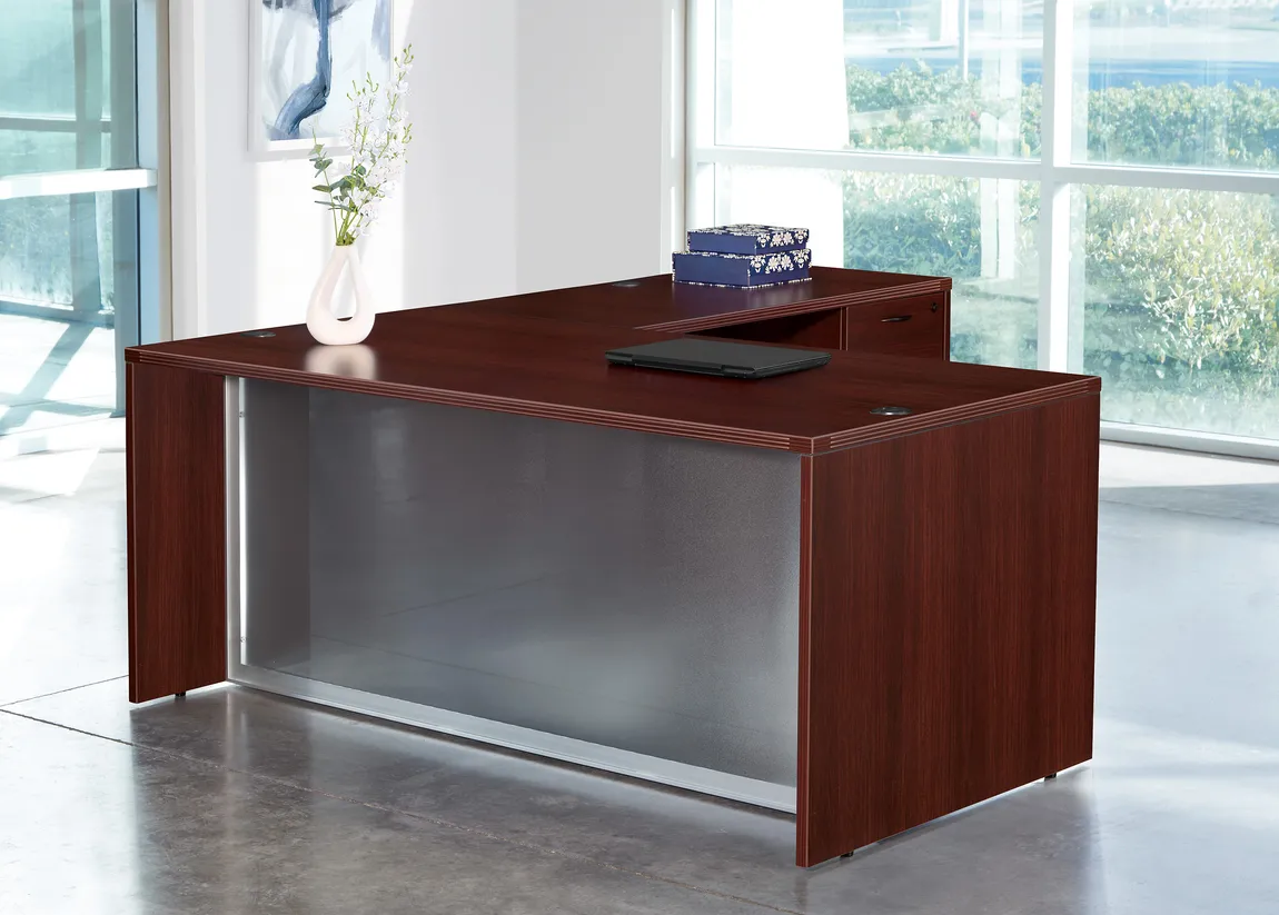 L Shaped Desk with Glass Modesty Panel