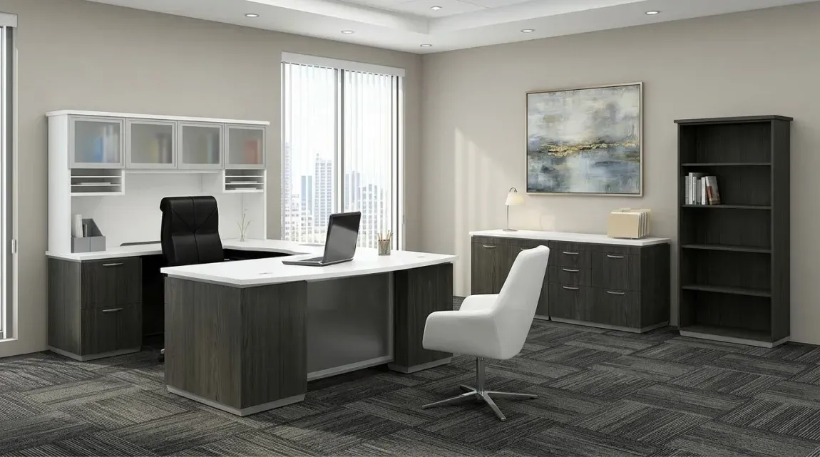 Bow Front U Shape Desk with Hutch and Drawers