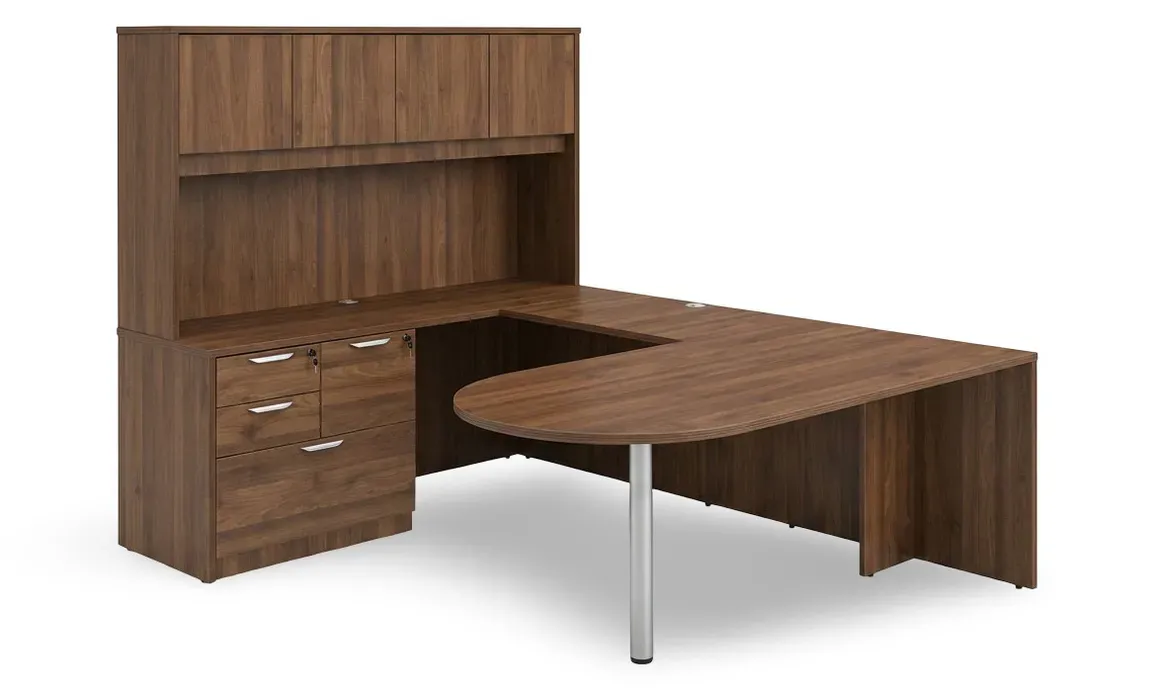 U Shaped Peninsula Desk with Hutch and Drawers