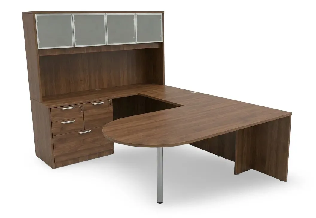 U Shaped Peninsula Desk with Hutch and Drawers