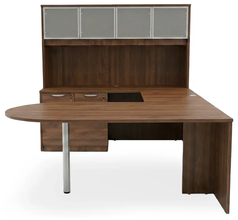 U Shaped Peninsula Desk with Hutch and Drawers