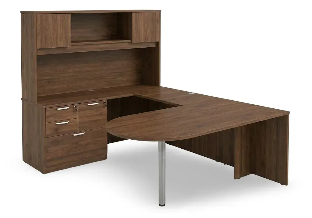 U Shaped Peninsula Desk with Hutch and Drawers