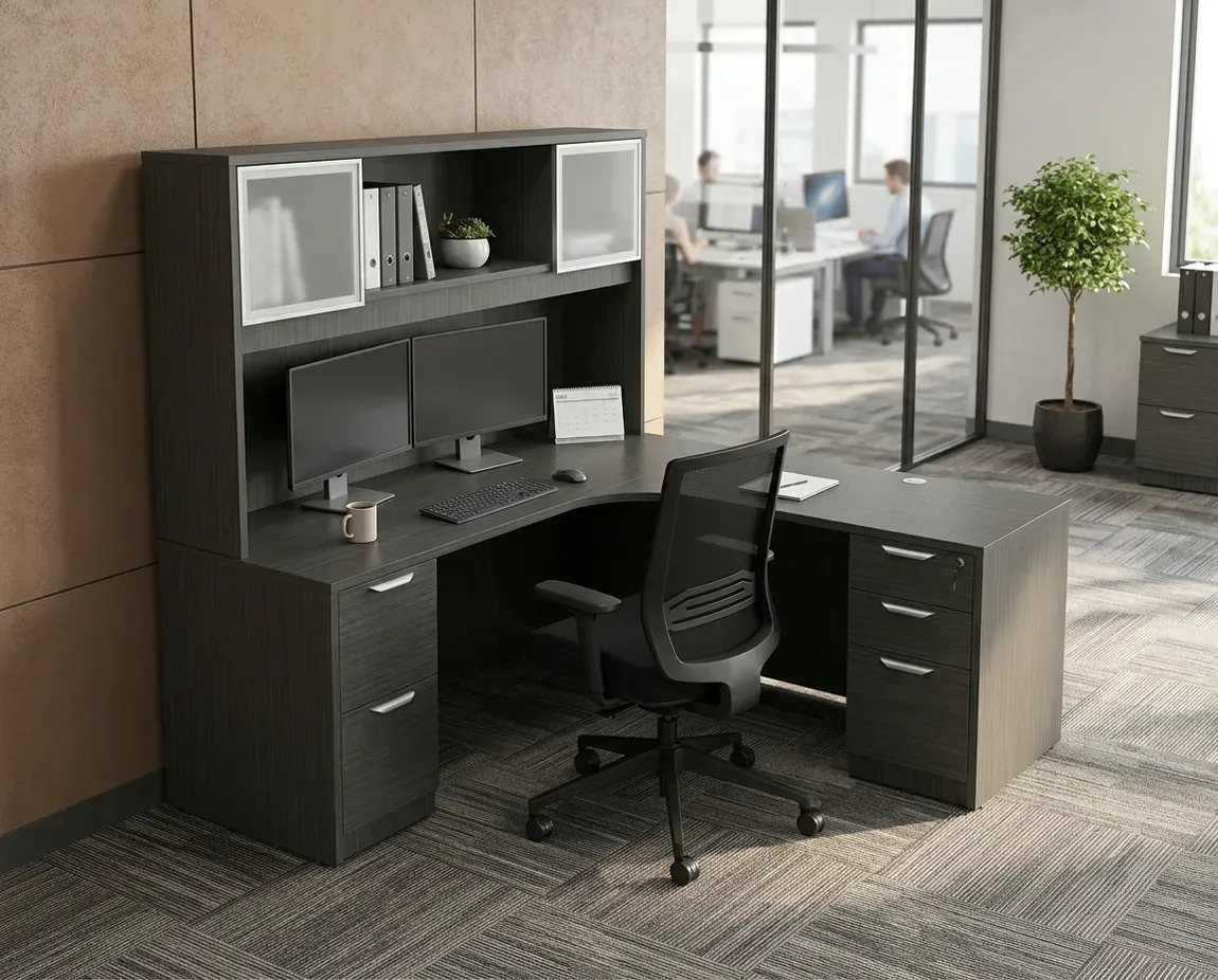 L Shape Desk with Hutch and Drawers