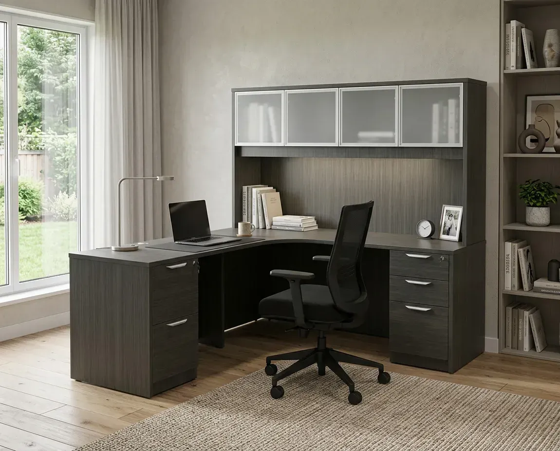 L Shape Desk with Hutch and Drawers