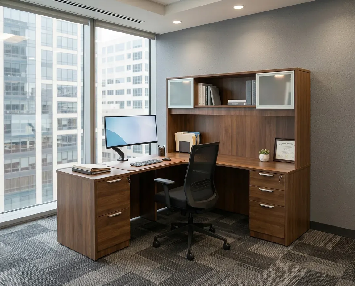 L Shape Desk with Hutch and Drawers