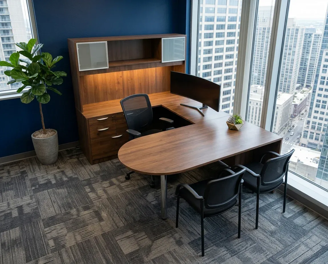 U Shaped Peninsula Desk with Hutch