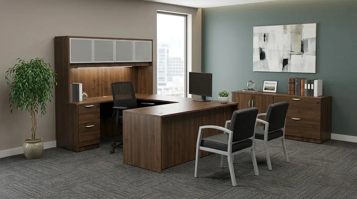 U Shaped Desk with Hutch and Storage