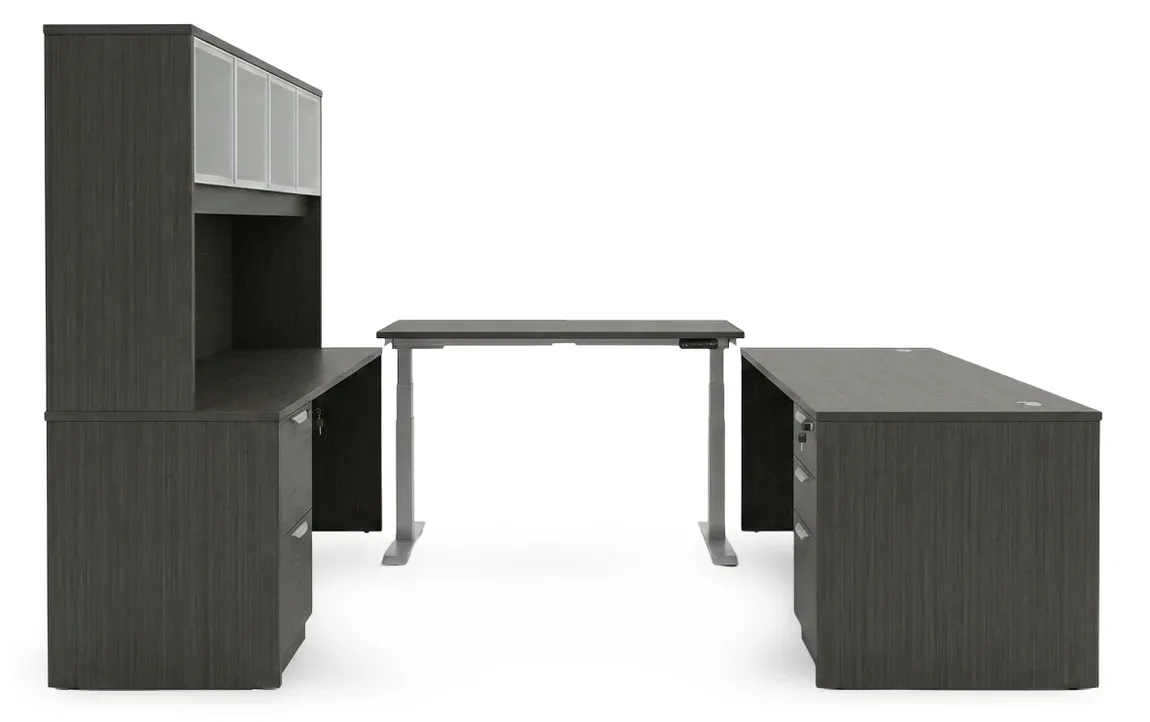 U Shaped Sit Stand Desk with Hutch