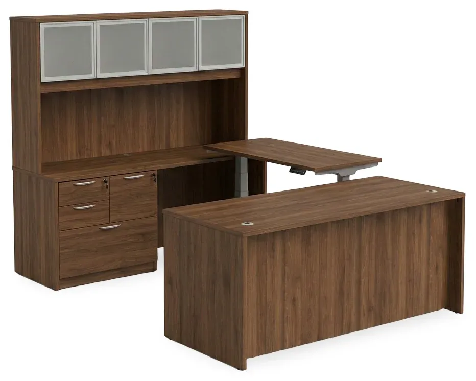 U Shaped Sit Stand Desk with Hutch