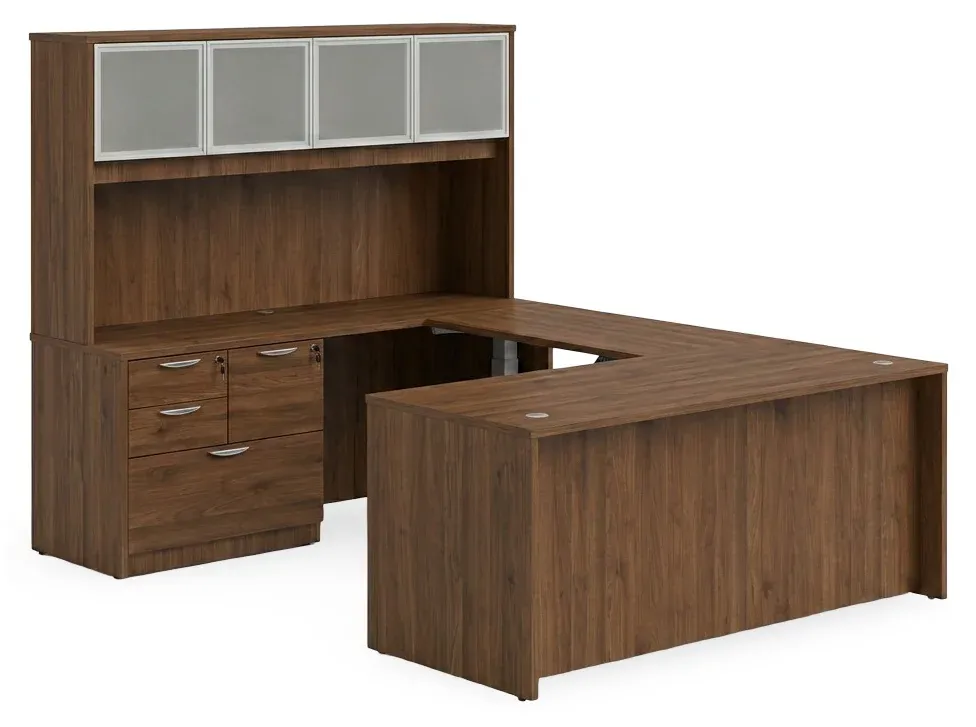 U Shaped Sit Stand Desk with Hutch