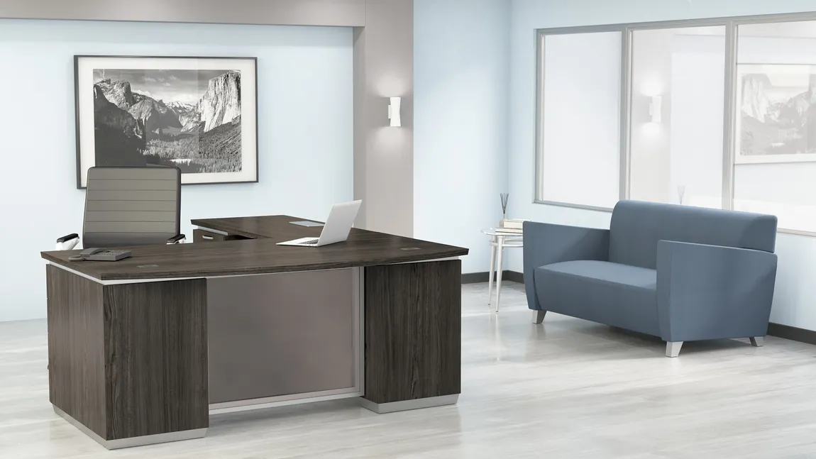Bow Front L Shape Desk with Drawers and Power