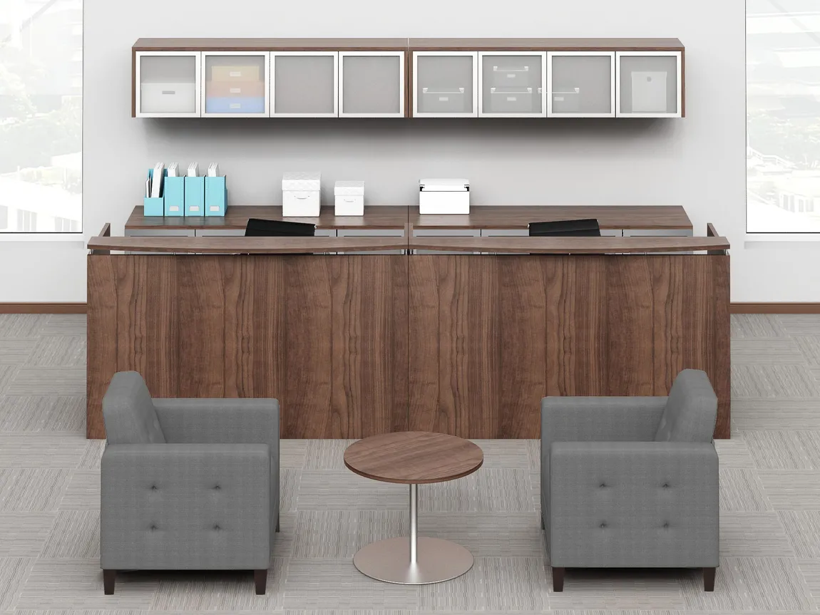 Dual Reception Desk with Frosted Glass Overhead Storage
