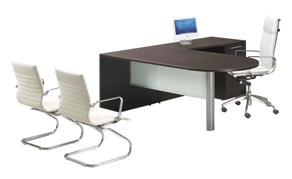 L Shaped Peninsula Desk with Glass Modesty Panel