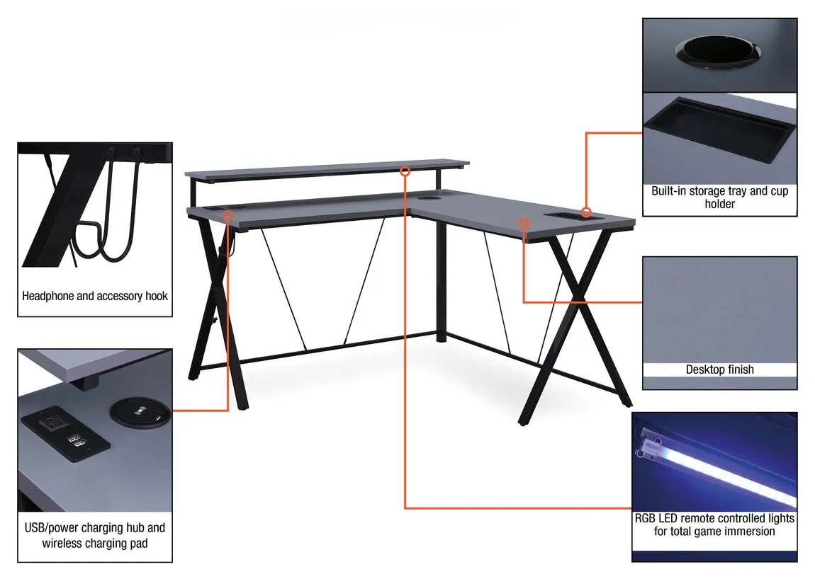 L Shaped Gaming Desk with LED Lights