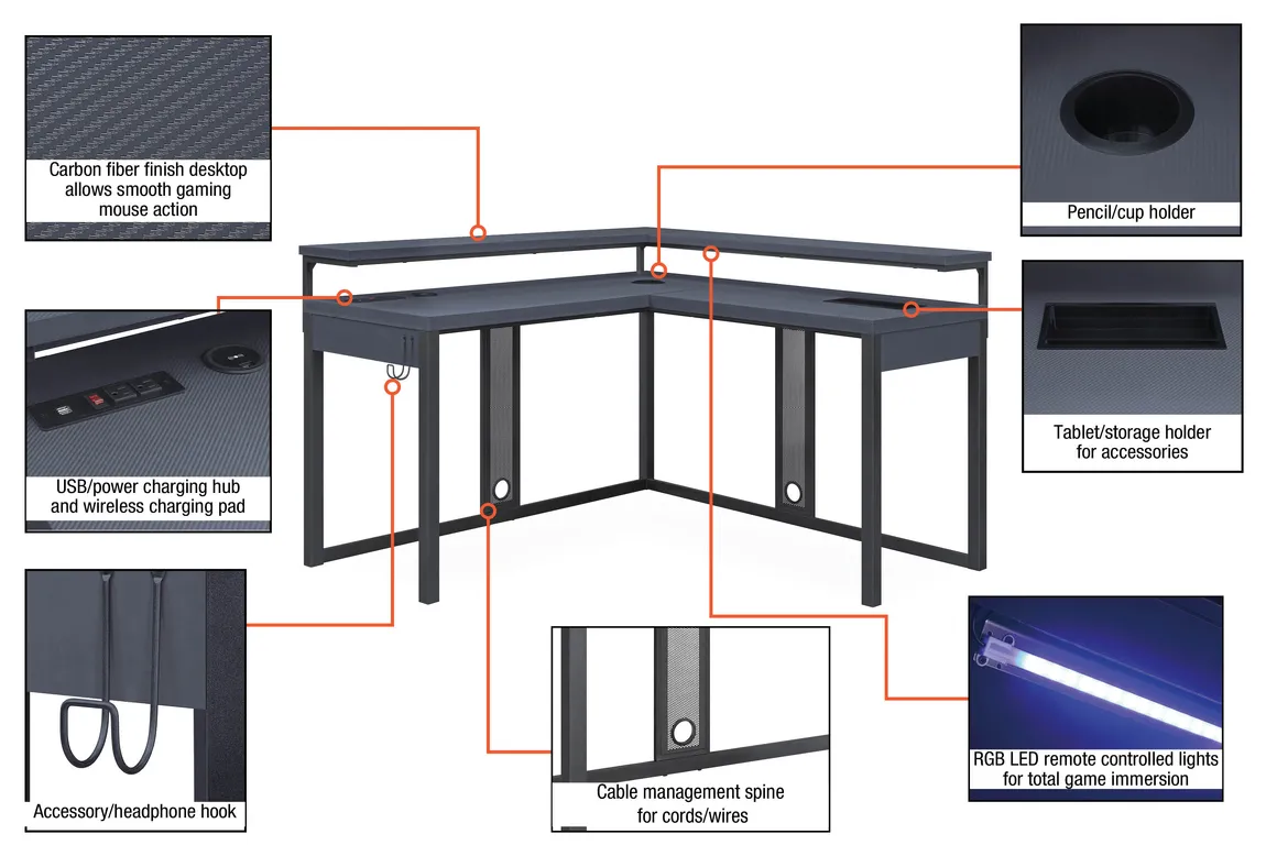 L Shaped Gaming Desk with LED Lights