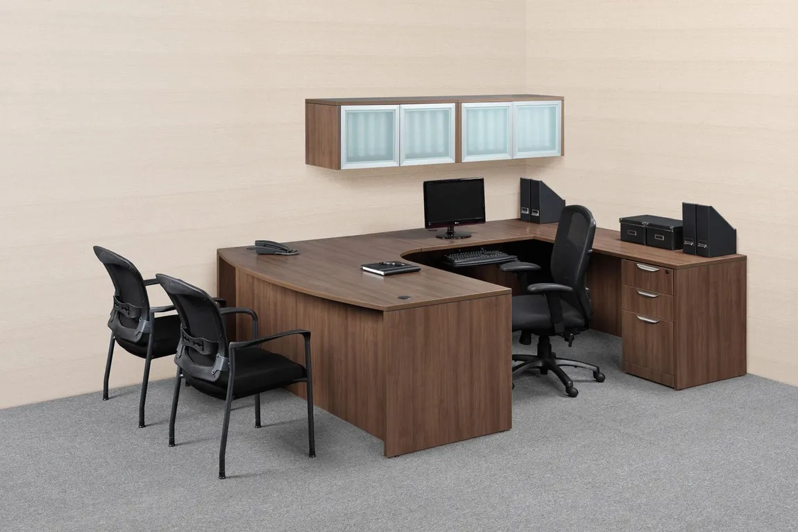 U Shaped Office Desk with Wall Mounted Storage