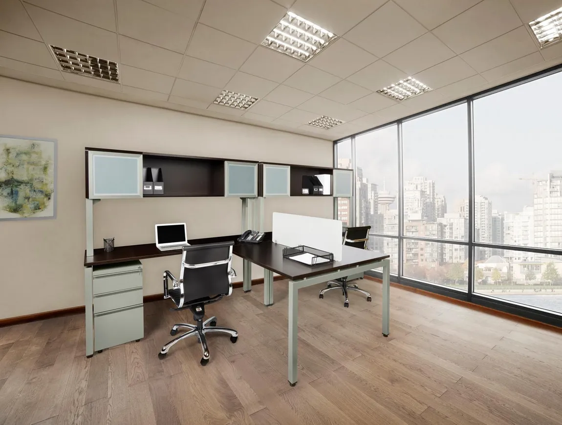 T Shaped Desk for Two with Hutch and Drawers