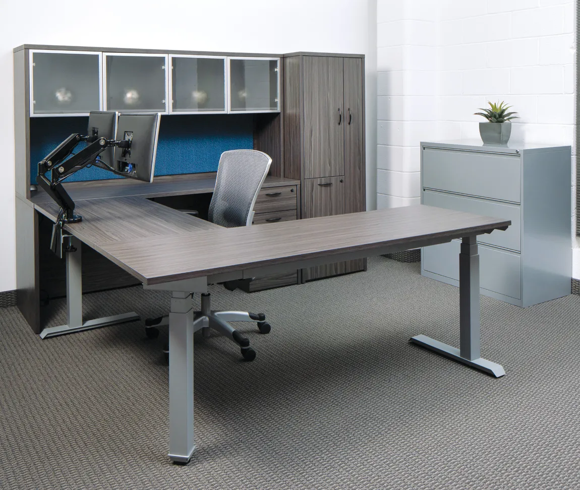 U Shaped Height Adjustable Desk with Storage
