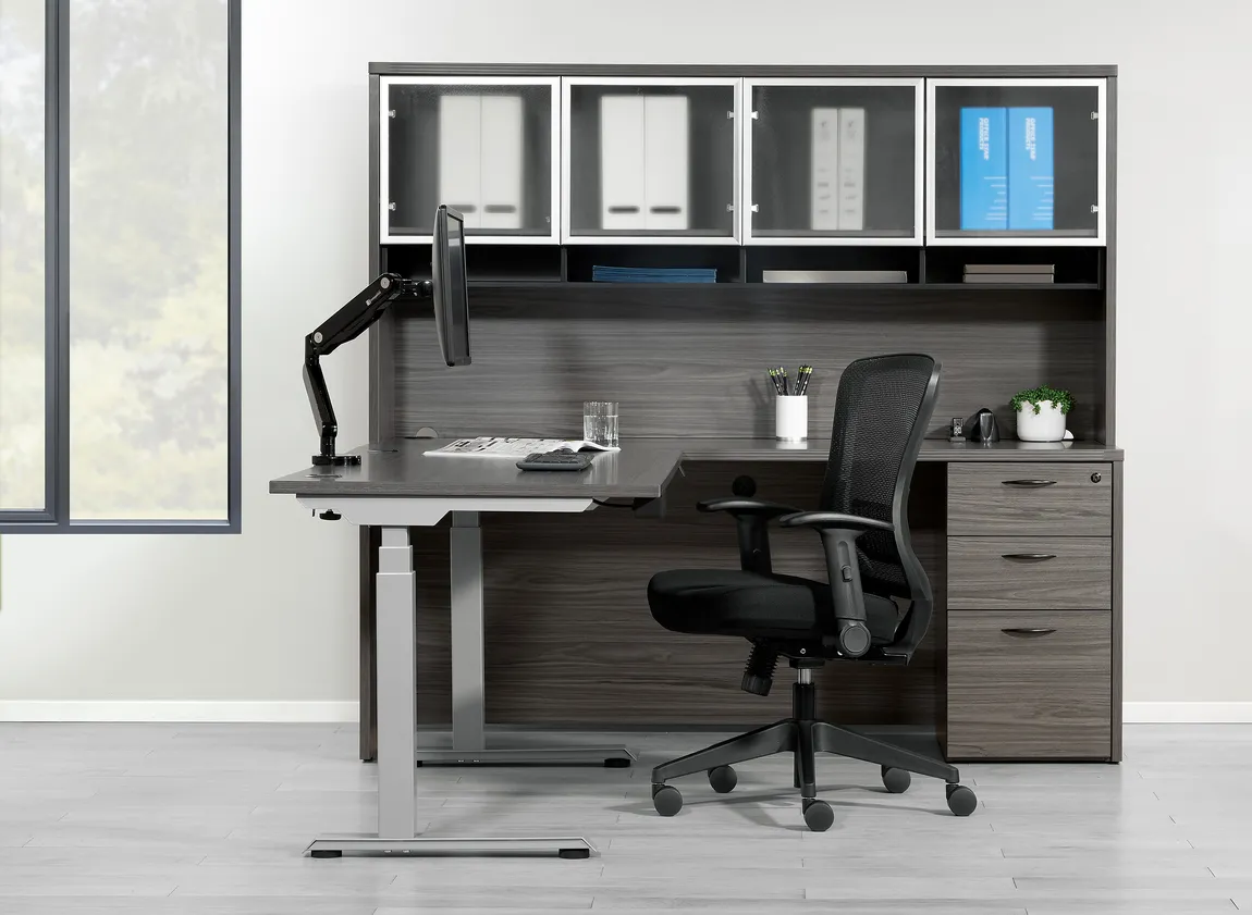 L Shaped Sit Stand Desk with Hutch