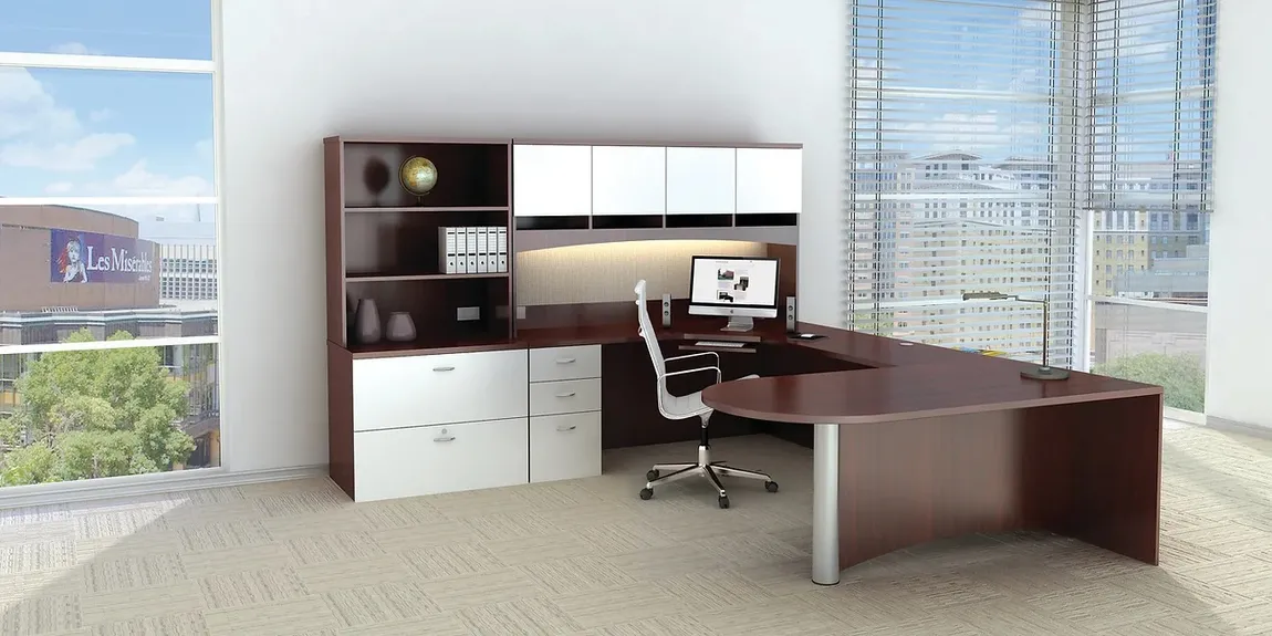U Shaped Desk with Hutch and Filing Cabinet