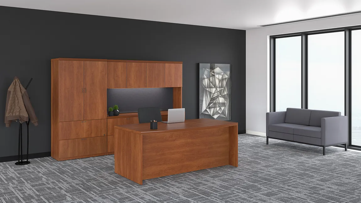  Bow Front Desk and Credenza With Storage