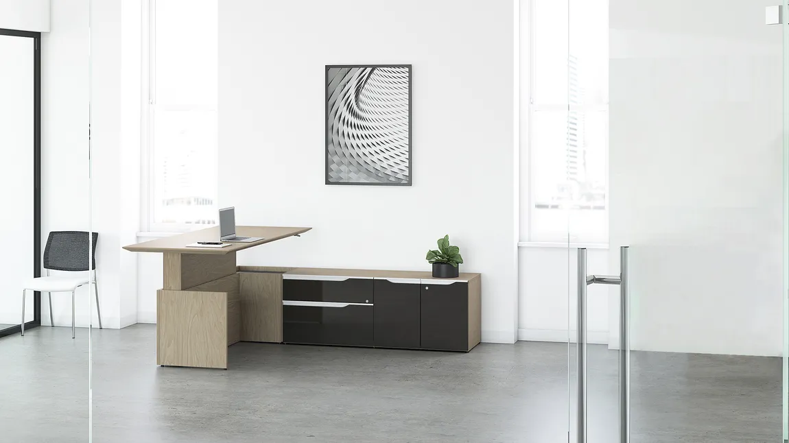 L Shaped Sit Stand Desk with Storage