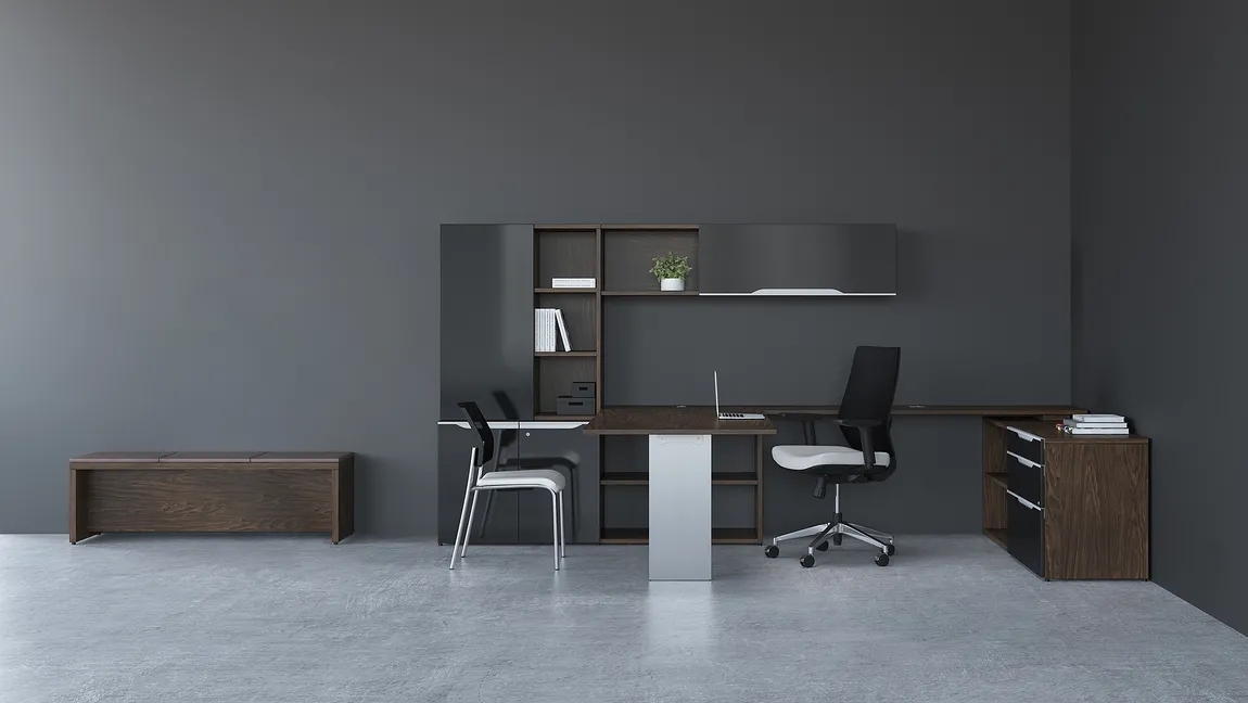U Shaped Desk with Storage and Guest Bench