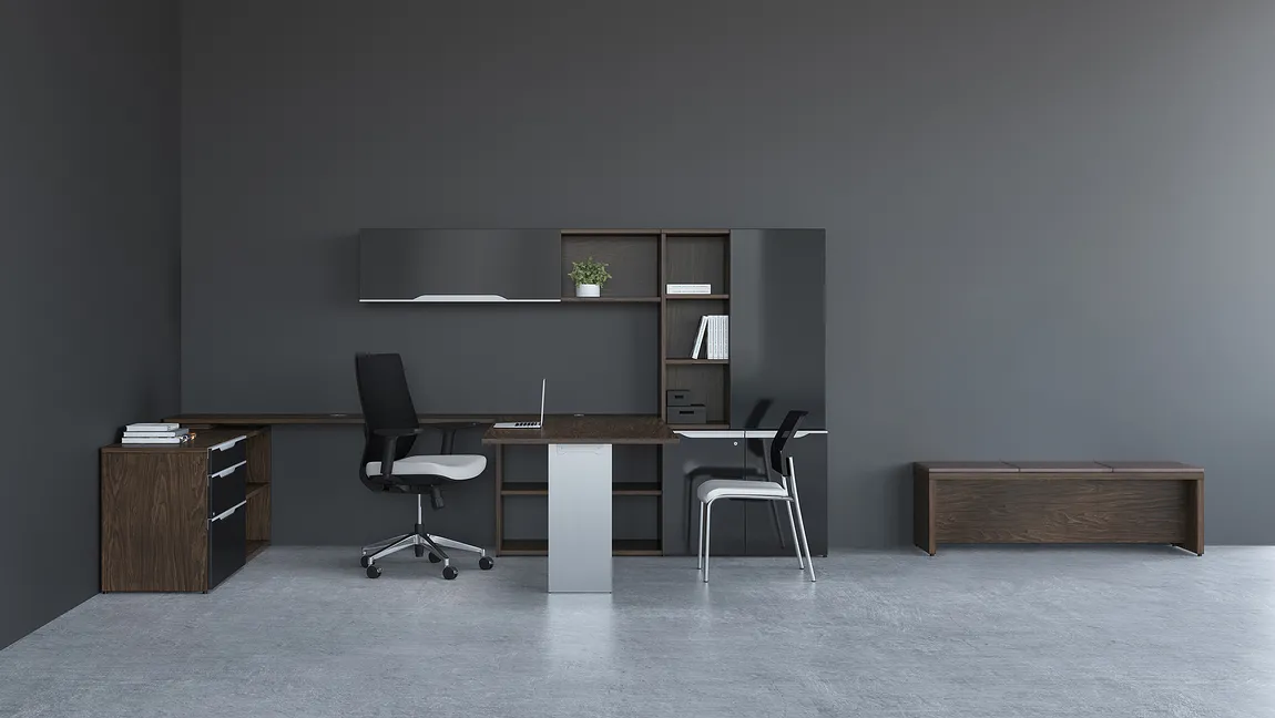 U Shaped Desk with Storage and Guest Bench
