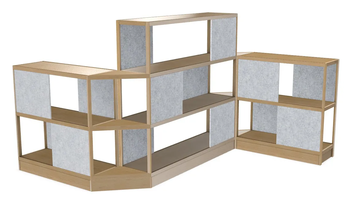 small large wood shelving unit with acoustic panels 145 x 72 20