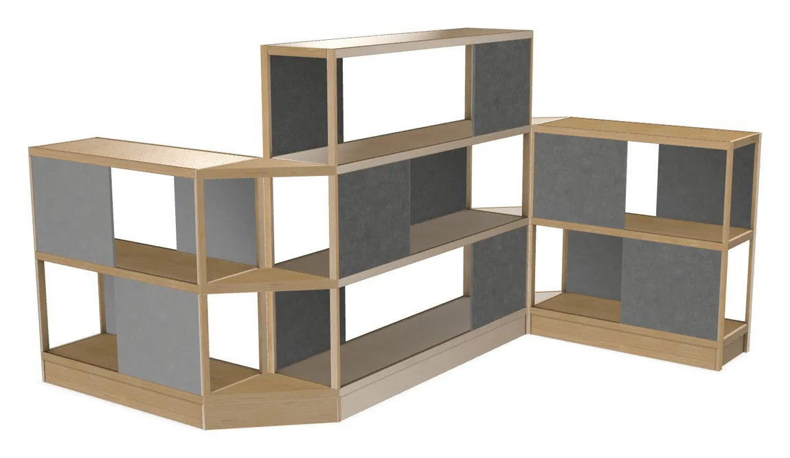 small large wood shelving unit with acoustic panels 145 x 72 15