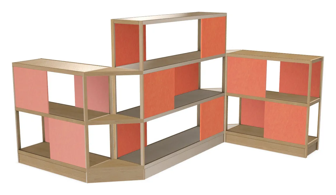 small large wood shelving unit with acoustic panels 145 x 72 26