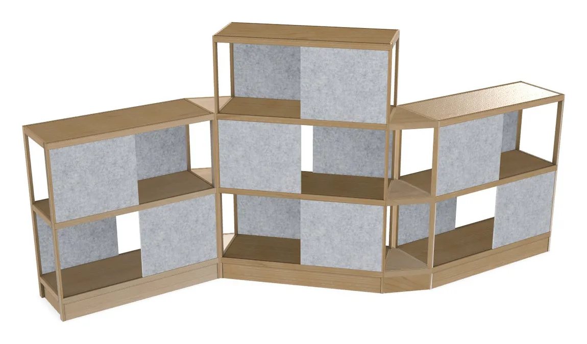 small open wood shelving unit with acoustic panels 160 x 72 20