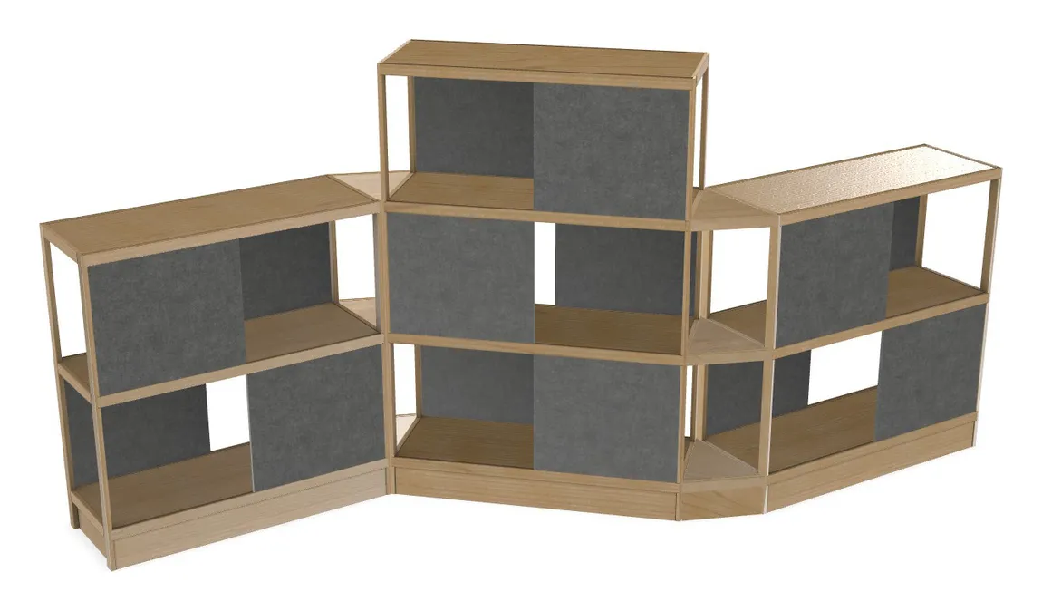 small open wood shelving unit with acoustic panels 160 x 72 22