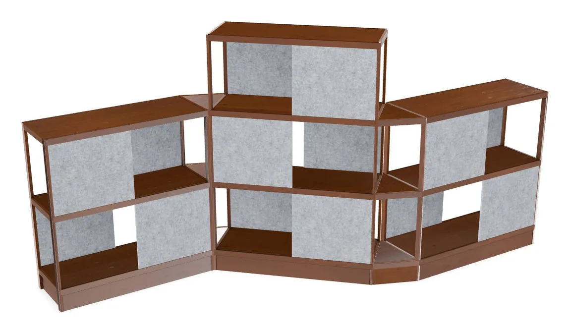 small open wood shelving unit with acoustic panels 160 x 72 20