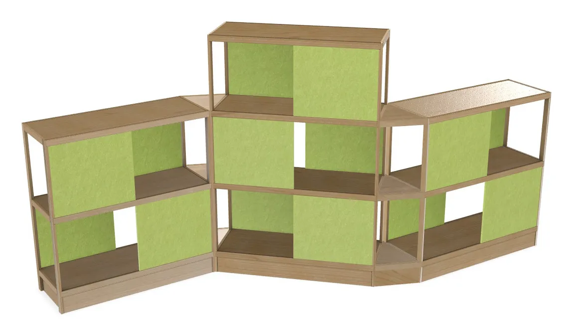 small open wood shelving unit with acoustic panels 160 x 72 17