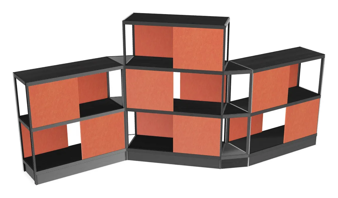 small open wood shelving unit with acoustic panels 160 x 72 12