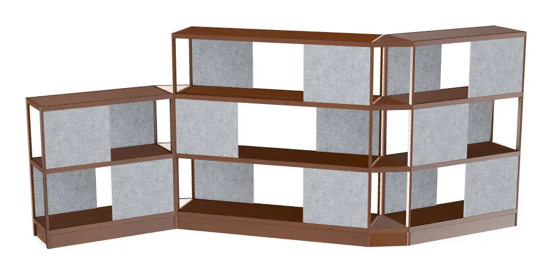 small open wood shelving system with acoustic panels 194 x 72 13