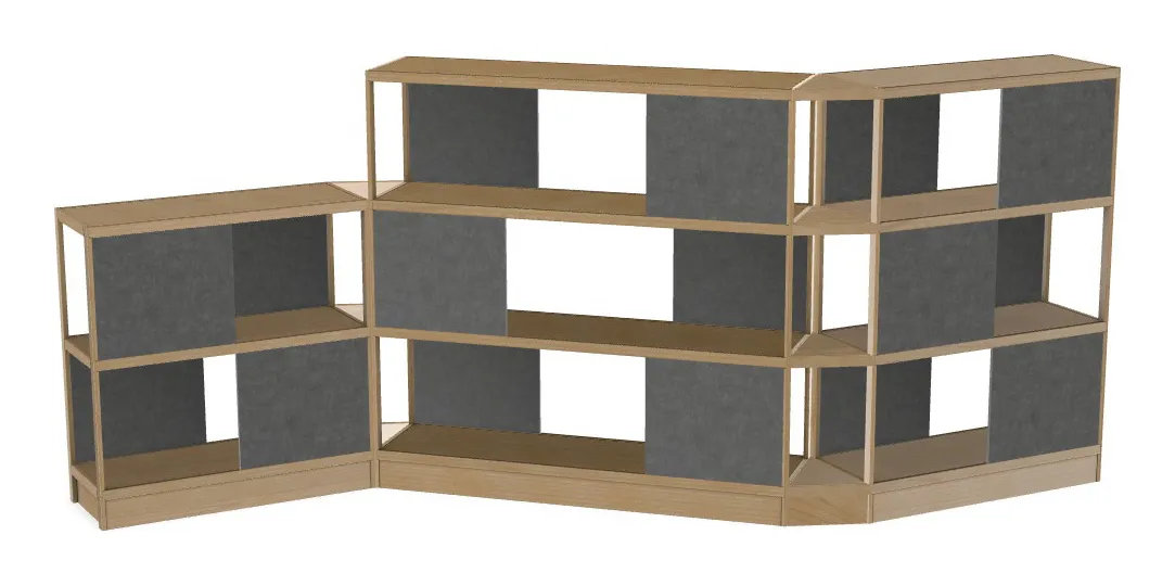 small open wood shelving system with acoustic panels 194 x 72 22