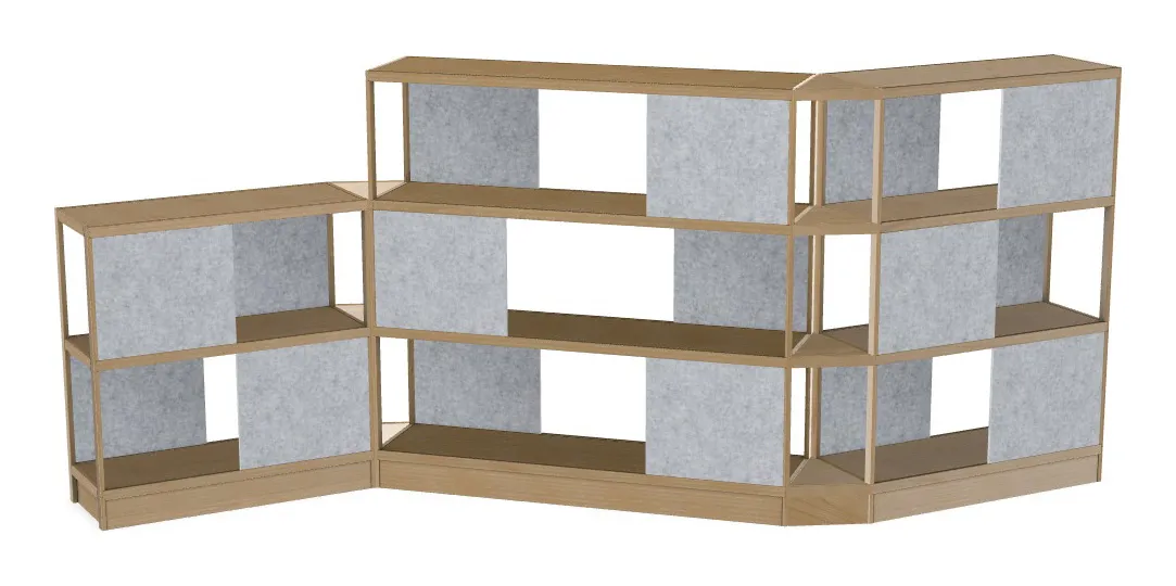 small open wood shelving system with acoustic panels 194 x 72 20