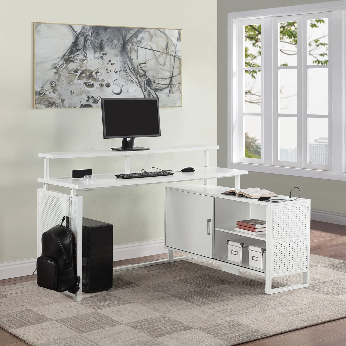 Minimalist L-shaped Desk with Monitor Shelf